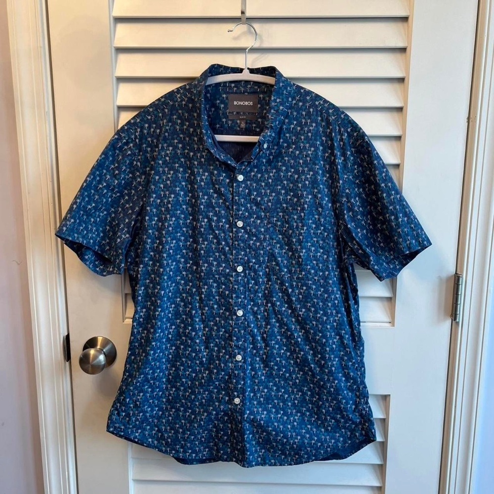 blue / green / white palm tree BONOBOS short-sleeve button-down [L]